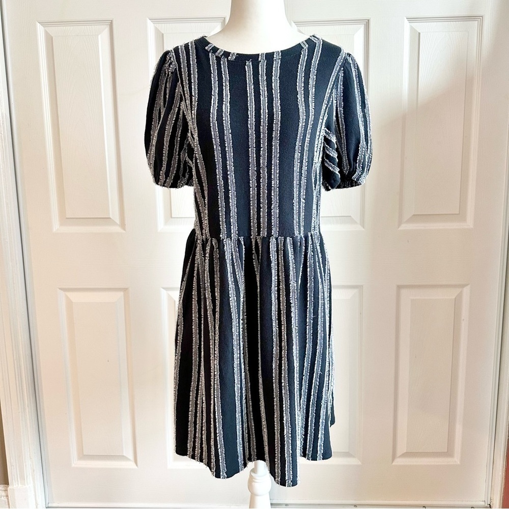 LOFT Navy and White Babydoll Knit Dress w/ Fringe Detail